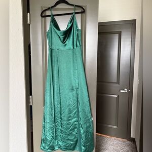 Elegant Green Satin Dress, leg slit